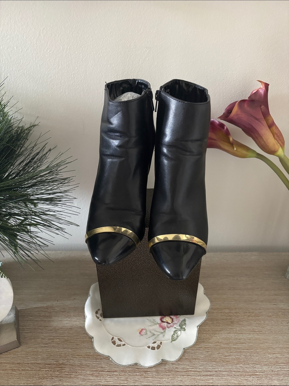 Expressions Black Ankle Booties with Gold Toe Accent
